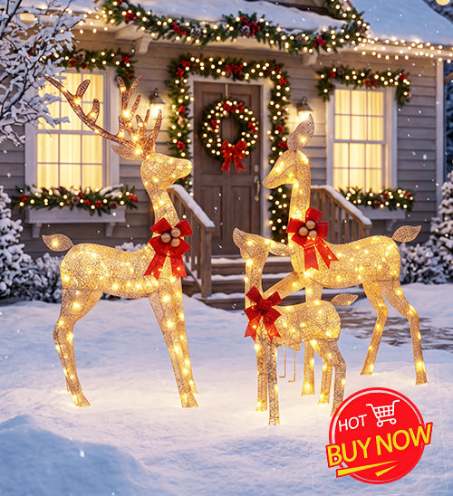 3-Piece 2D Lighted Christmas Deer Family Set - Large Outdoor Yard Reindeer Holiday