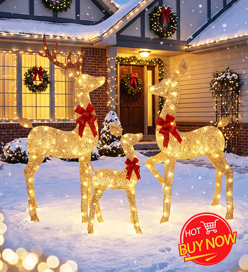 3-Piece 2D Lighted Christmas Deer Family Set - Large Outdoor Yard Reindeer Holiday