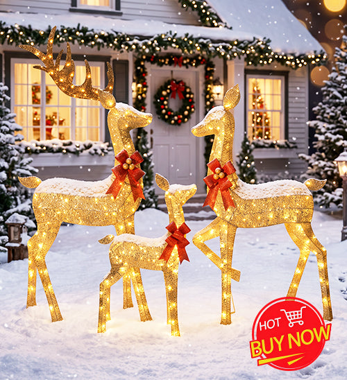 3-Piece 2D Lighted Christmas Deer Family Set - Large Outdoor Yard Reindeer Holiday