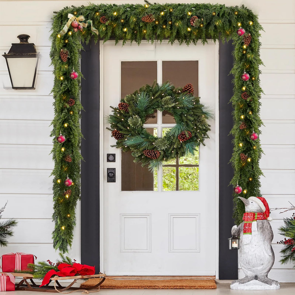 2Pcs 9FT Christmas Garland with Lights, Real Touch Cedar Garland Artificial Greenery Garland