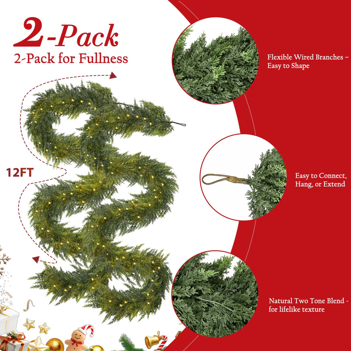2Pcs 9FT Christmas Garland with Lights, Real Touch Cedar Garland Artificial Greenery Garland