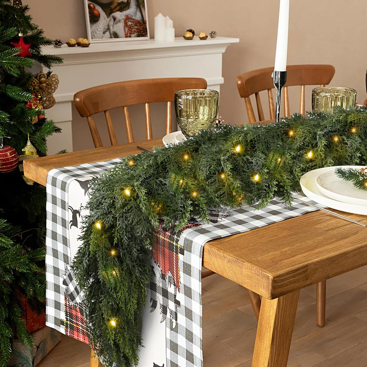 2Pcs 9FT Christmas Garland with Lights, Real Touch Cedar Garland Artificial Greenery Garland