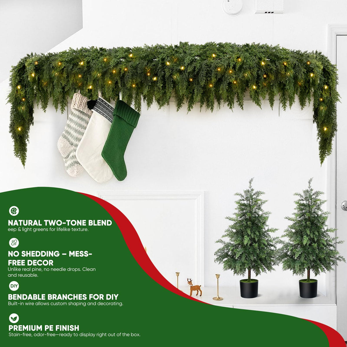 2Pcs 9FT Christmas Garland with Lights, Real Touch Cedar Garland Artificial Greenery Garland
