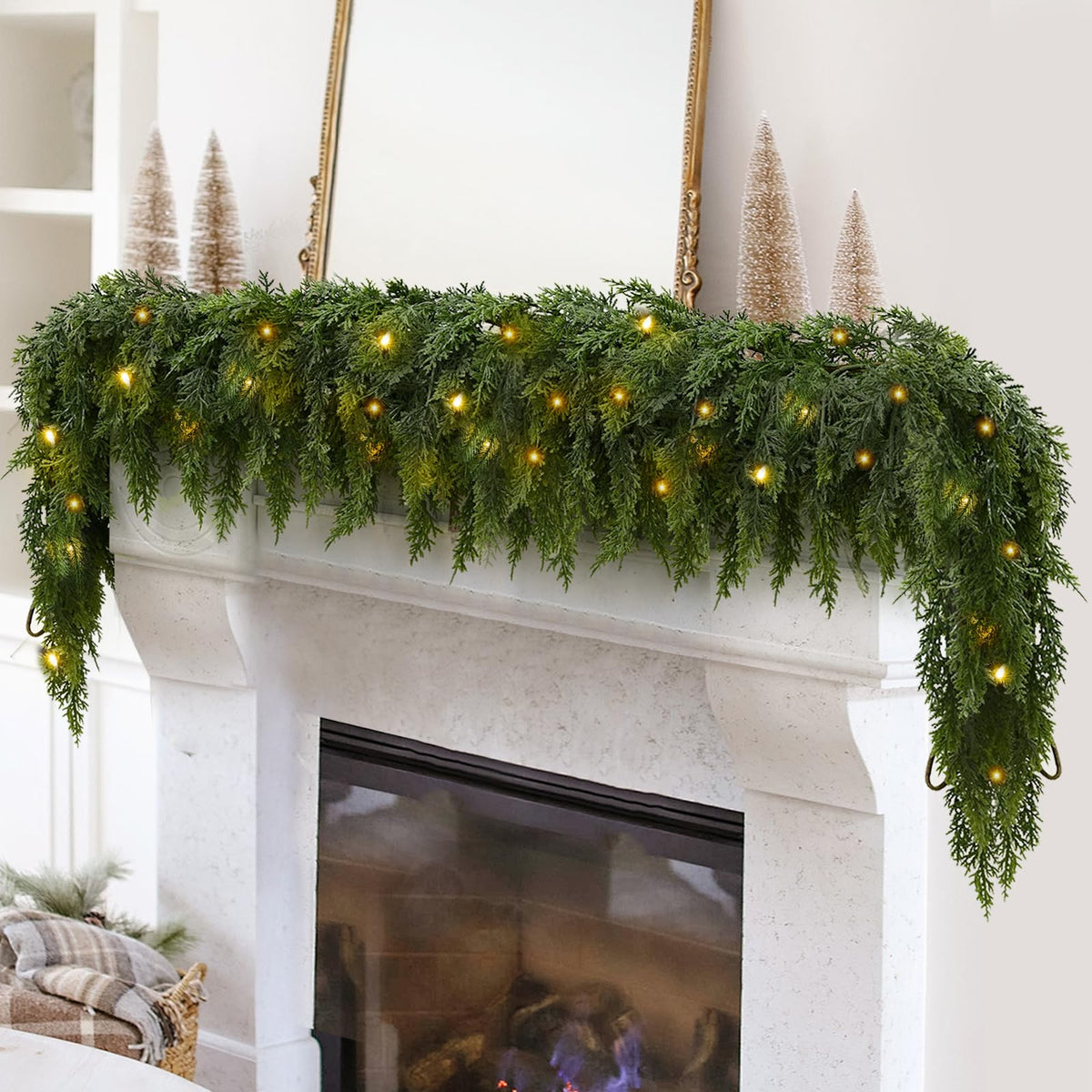 2Pcs 9FT Christmas Garland with Lights, Real Touch Cedar Garland Artificial Greenery Garland