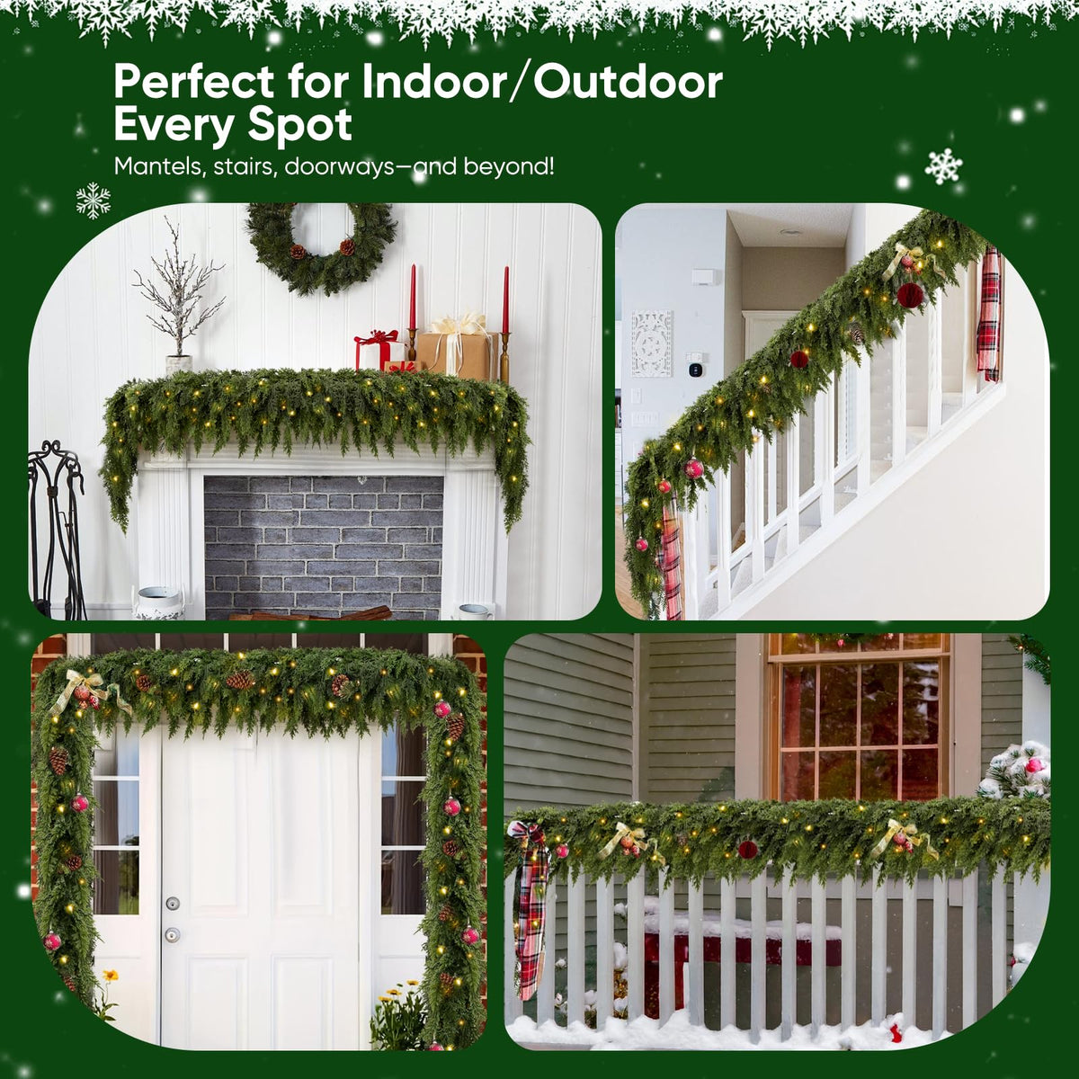 2Pcs 9FT Christmas Garland with Lights, Real Touch Cedar Garland Artificial Greenery Garland