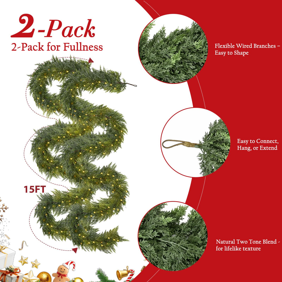 2Pcs 9FT Christmas Garland with Lights, Real Touch Cedar Garland Artificial Greenery Garland