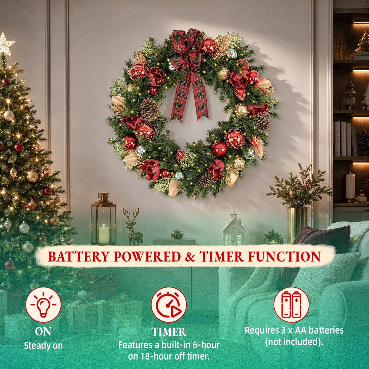 9 FT Pre-Lit Christmas Garland with 80 Warm White LED Lights and Timer, Battery Operated Artificial PE & PVC