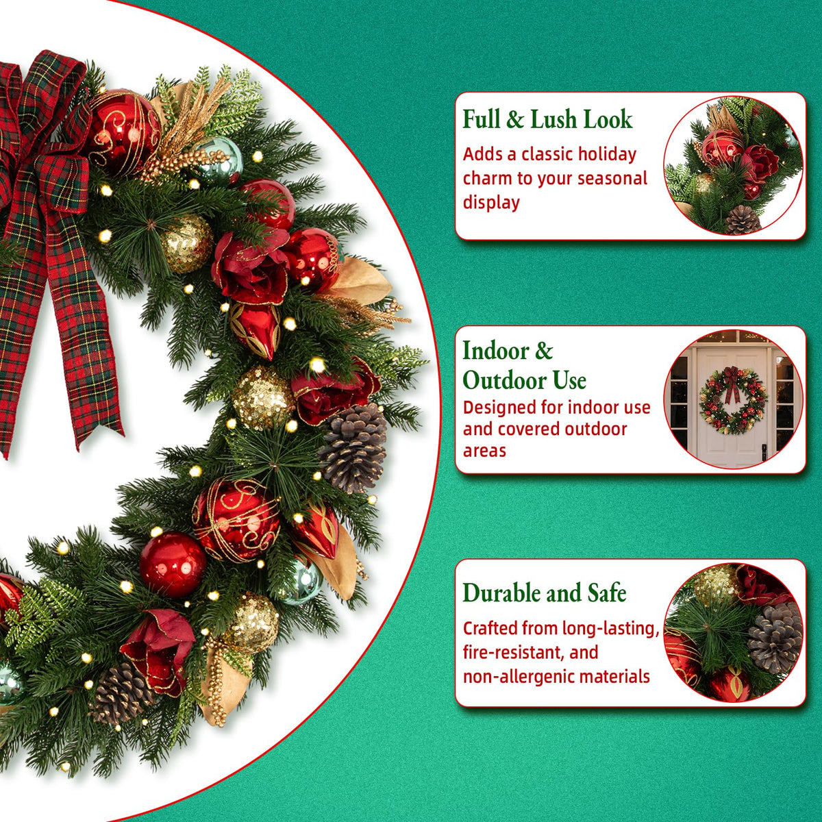 9 FT Pre-Lit Christmas Garland with 80 Warm White LED Lights and Timer, Battery Operated Artificial PE & PVC
