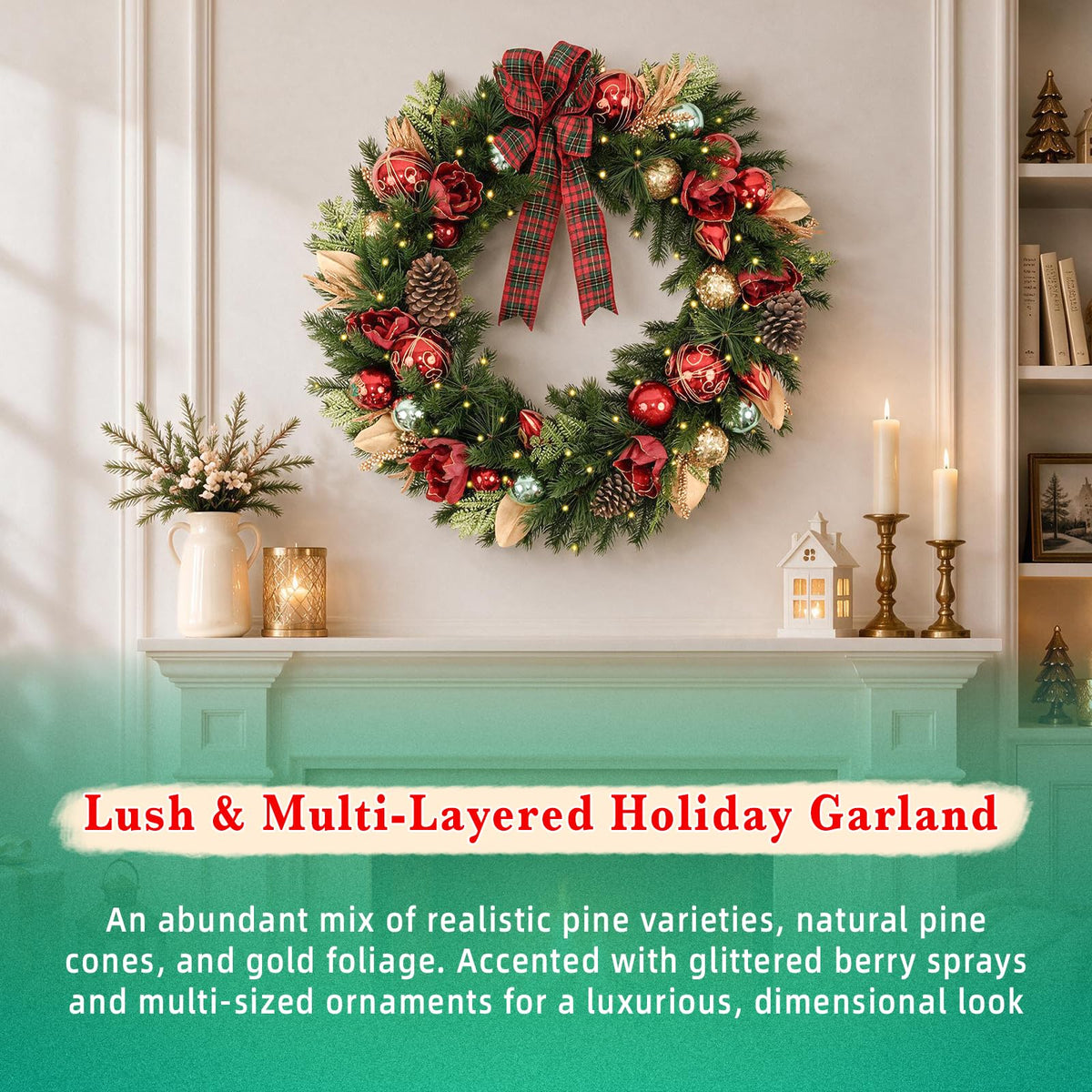 9 FT Pre-Lit Christmas Garland with 80 Warm White LED Lights and Timer, Battery Operated Artificial PE & PVC