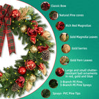 9 FT Pre-Lit Christmas Garland with 80 Warm White LED Lights and Timer, Battery Operated Artificial PE & PVC