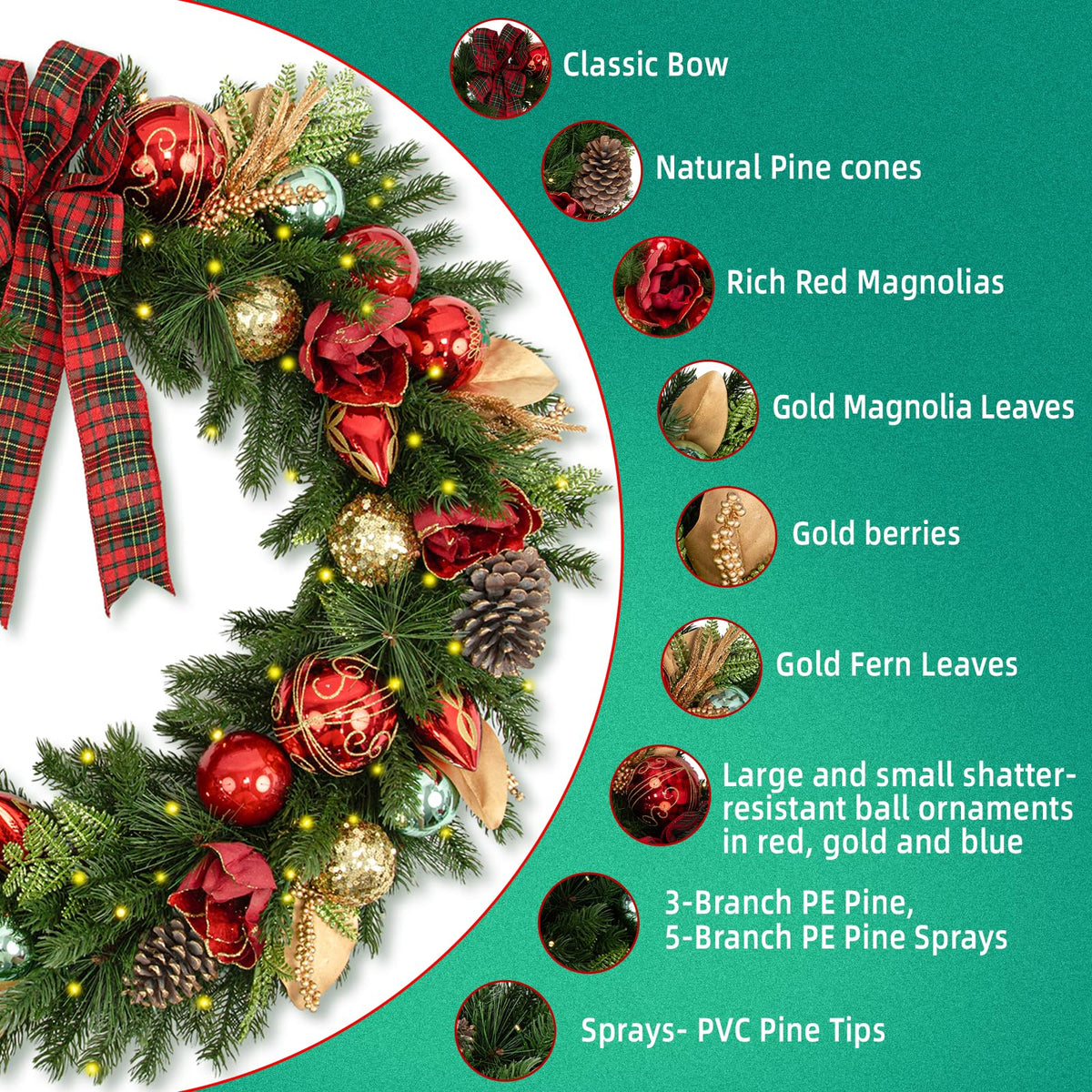 9 FT Pre-Lit Christmas Garland with 80 Warm White LED Lights and Timer, Battery Operated Artificial PE & PVC