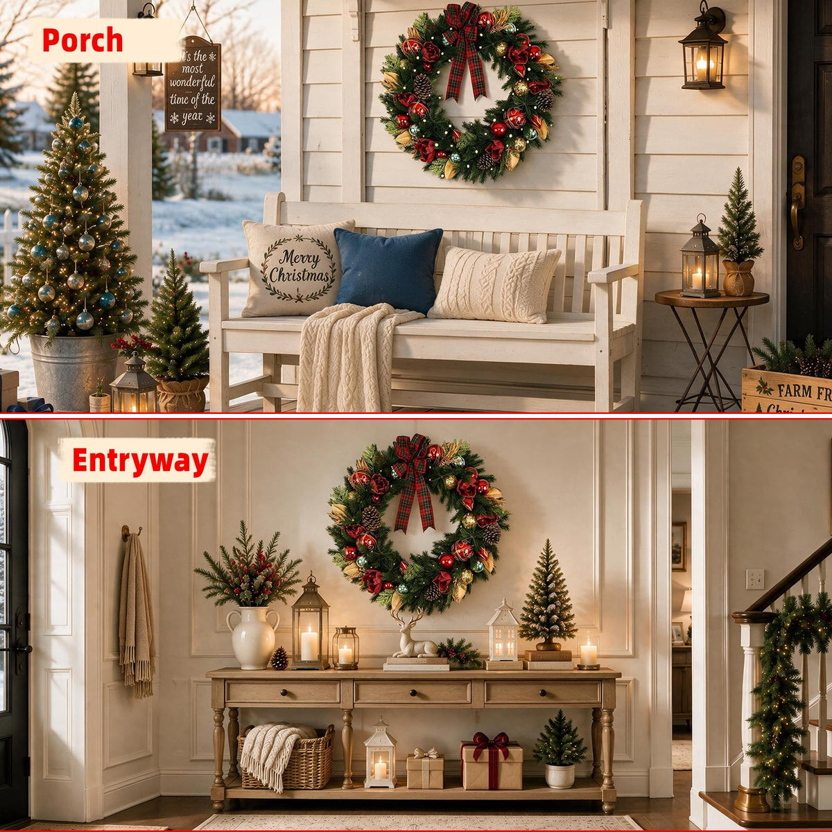 9 FT Pre-Lit Christmas Garland with 80 Warm White LED Lights and Timer, Battery Operated Artificial PE & PVC