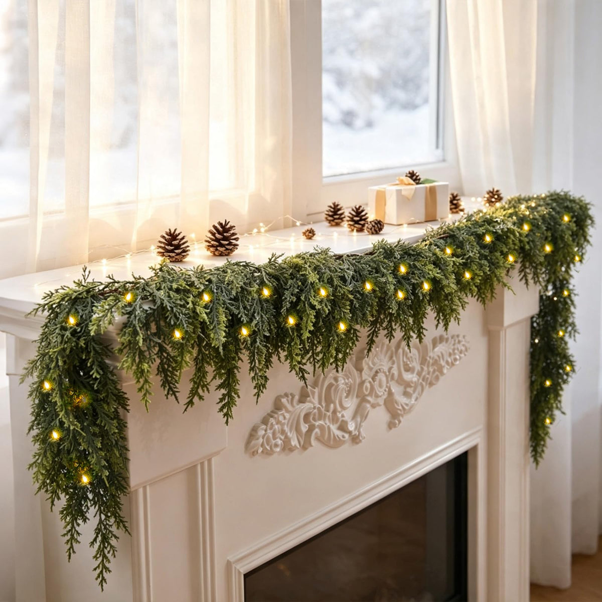 2Pcs 9FT Christmas Garland with Lights, Real Touch Cedar Garland Artificial Greenery Garland