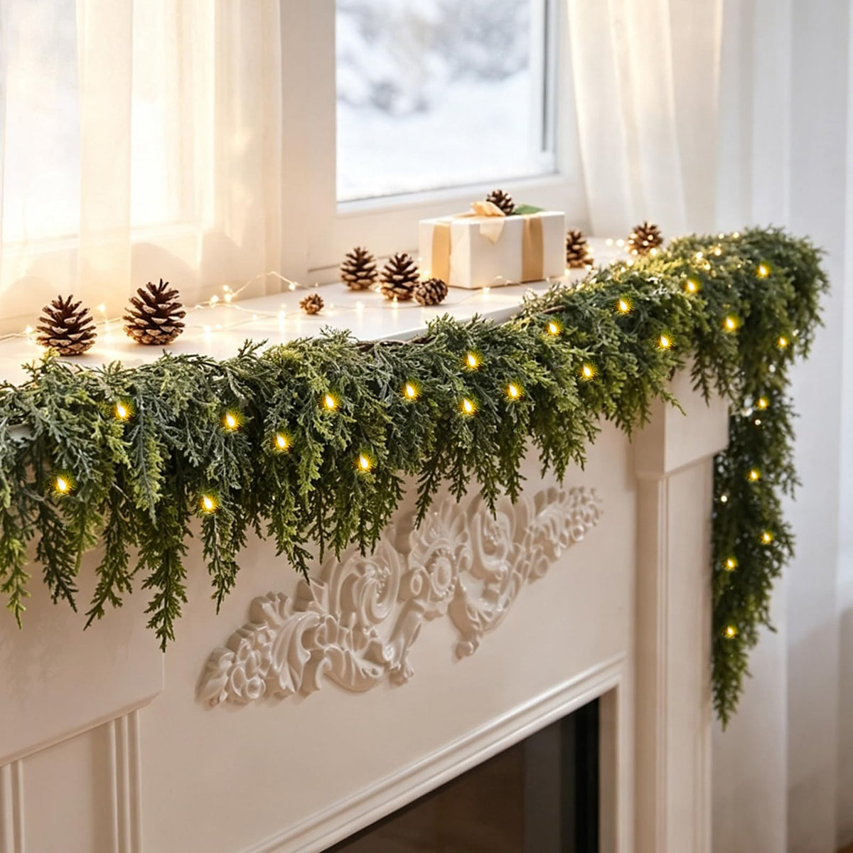 2Pcs 9FT Christmas Garland with Lights, Real Touch Cedar Garland Artificial Greenery Garland