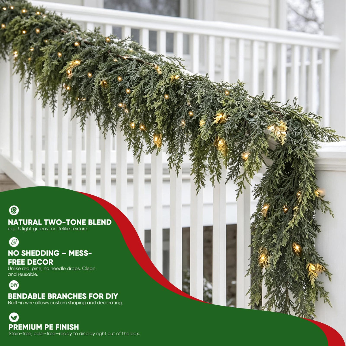 2Pcs 9FT Christmas Garland with Lights, Real Touch Cedar Garland Artificial Greenery Garland