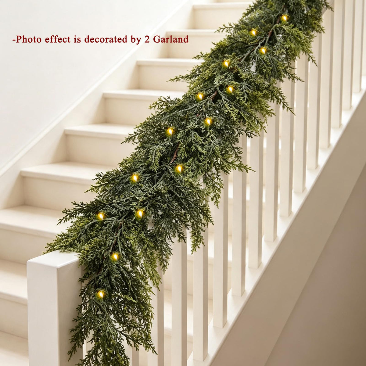 2Pcs 9FT Christmas Garland with Lights, Real Touch Cedar Garland Artificial Greenery Garland