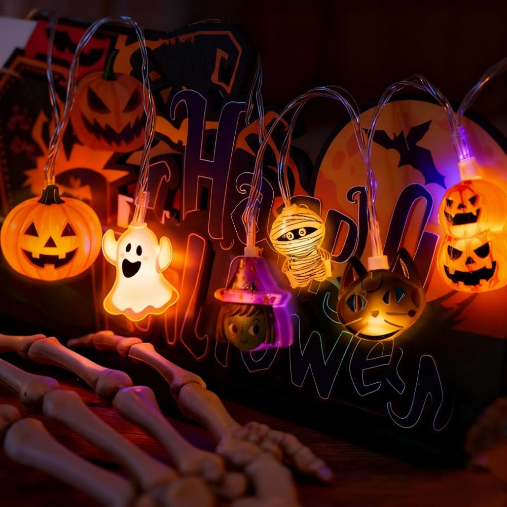 Halloween String Lights with USB-Powered Decoration Featuring Mummies, Ghosts, Spiders,Witch, Skeletons, Witches, Black Cats-Cute Indoor Party Ornaments for Festive Decoration.
