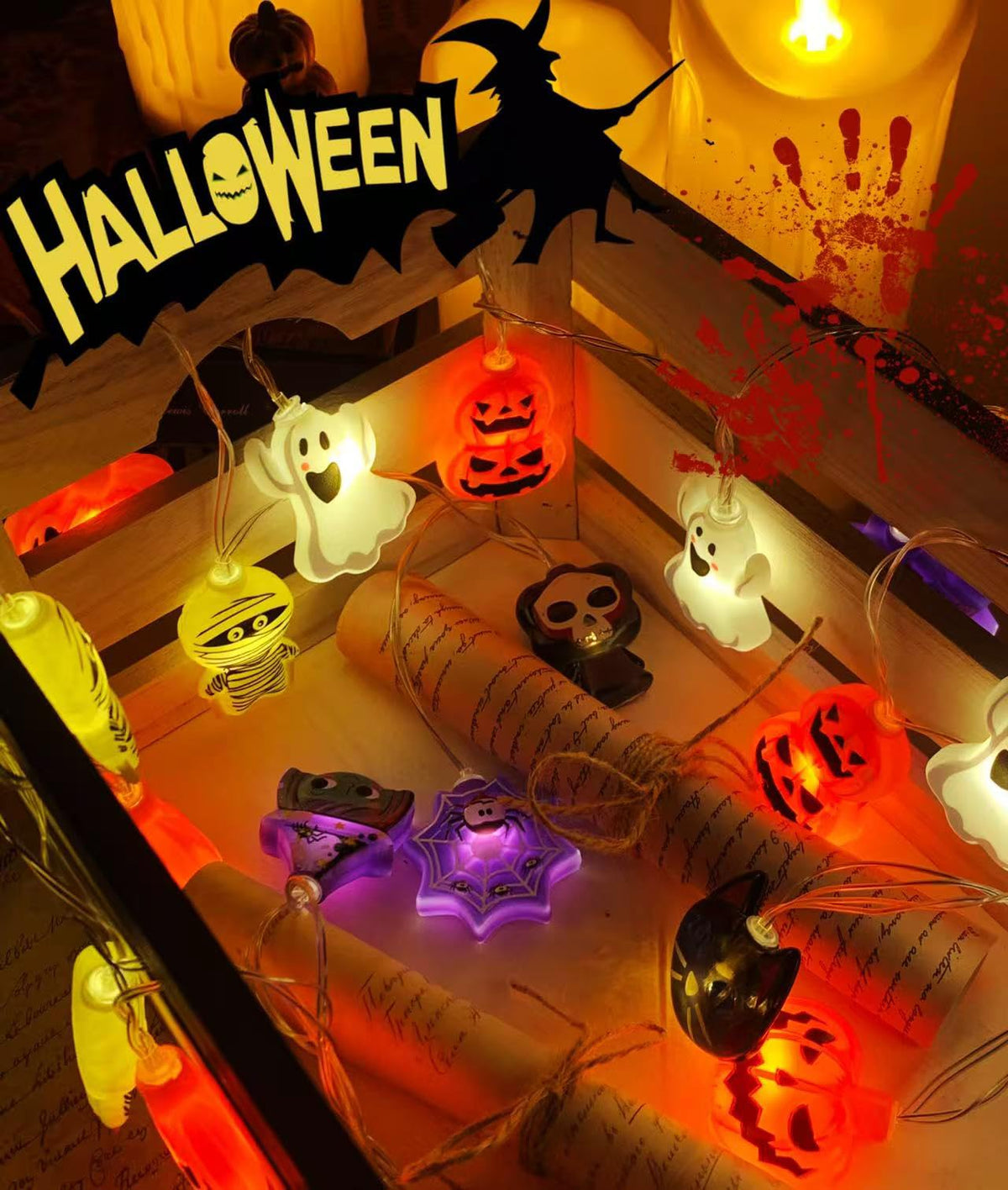 Halloween String Lights with USB-Powered Decoration Featuring Mummies, Ghosts, Spiders,Witch, Skeletons, Witches, Black Cats-Cute Indoor Party Ornaments for Festive Decoration.