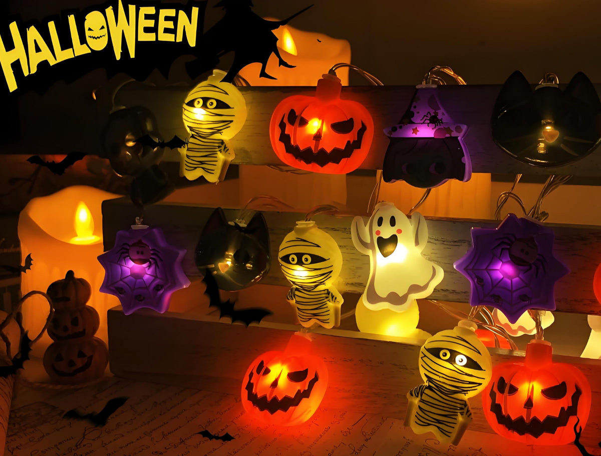 Halloween String Lights with USB-Powered Decoration Featuring Mummies, Ghosts, Spiders,Witch, Skeletons, Witches, Black Cats-Cute Indoor Party Ornaments for Festive Decoration.