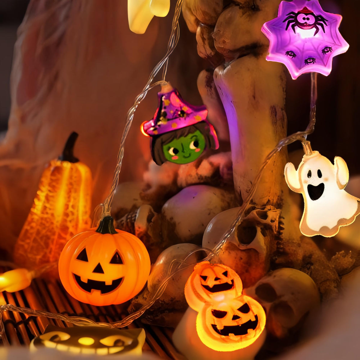 Halloween String Lights with USB-Powered Decoration Featuring Mummies, Ghosts, Spiders,Witch, Skeletons, Witches, Black Cats-Cute Indoor Party Ornaments for Festive Decoration.