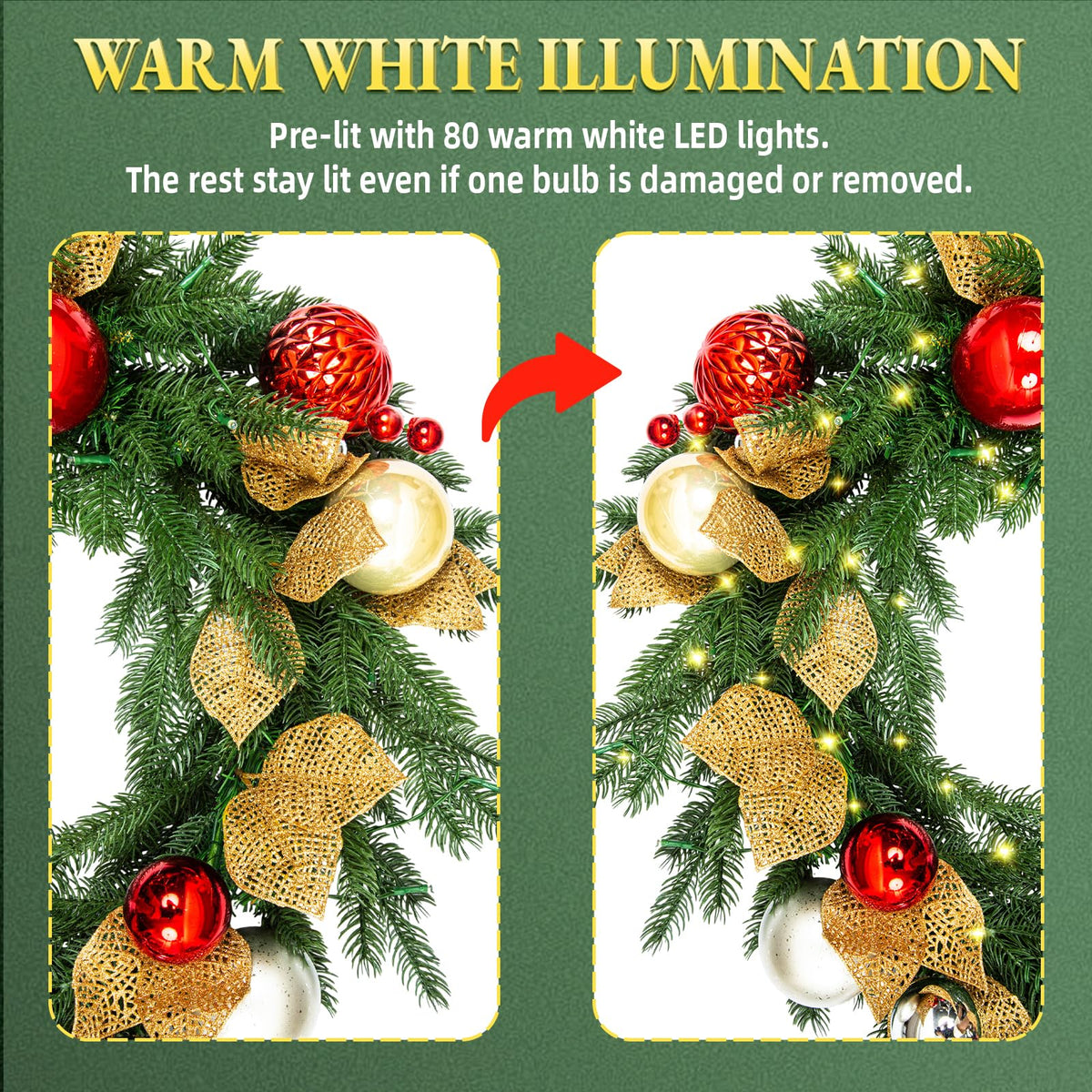 9 FT Pre-Lit Christmas Garland with 80 Warm White LED Lights and Timer, Battery Operated Artificial PE & PVC