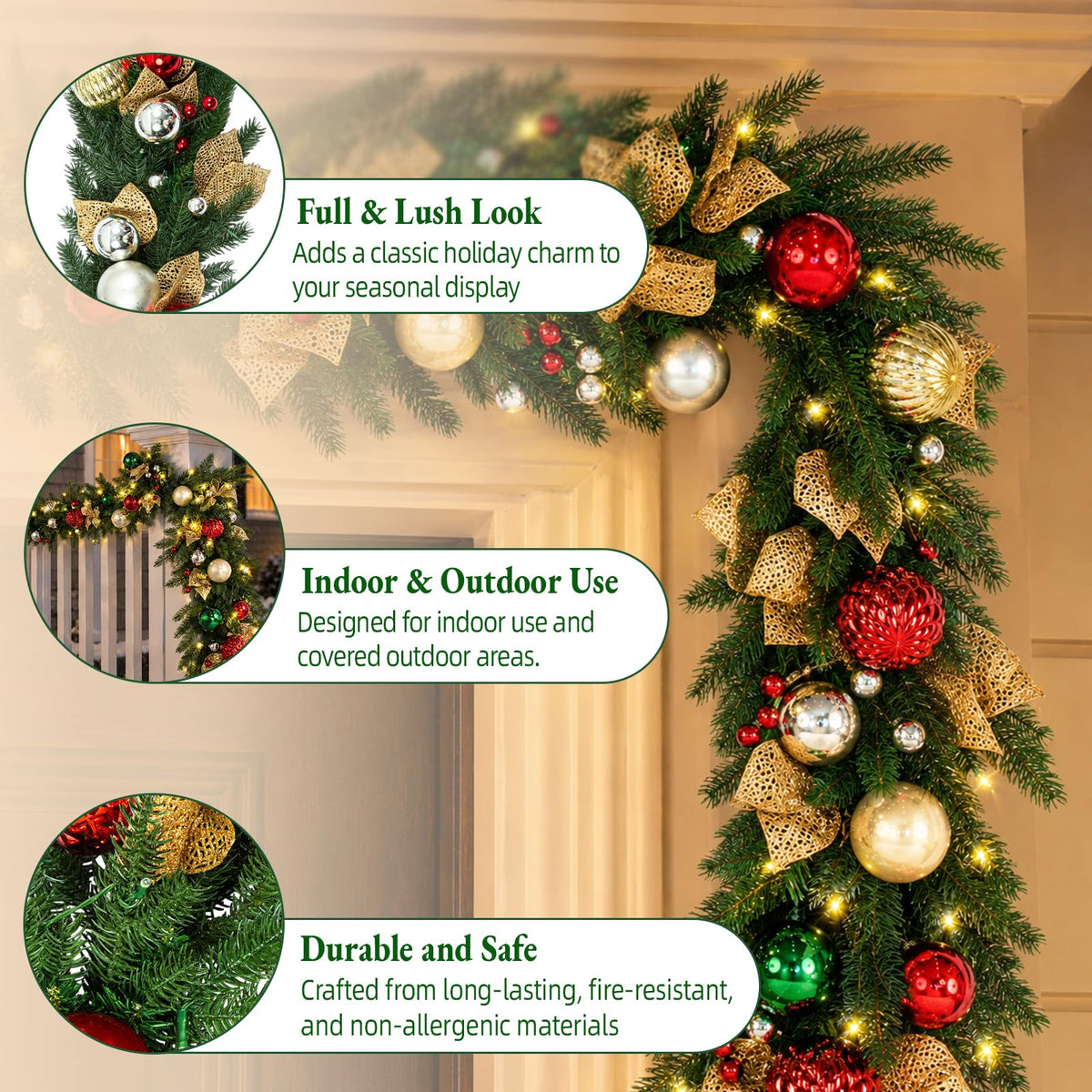 9 FT Pre-Lit Christmas Garland with 80 Warm White LED Lights and Timer, Battery Operated Artificial PE & PVC