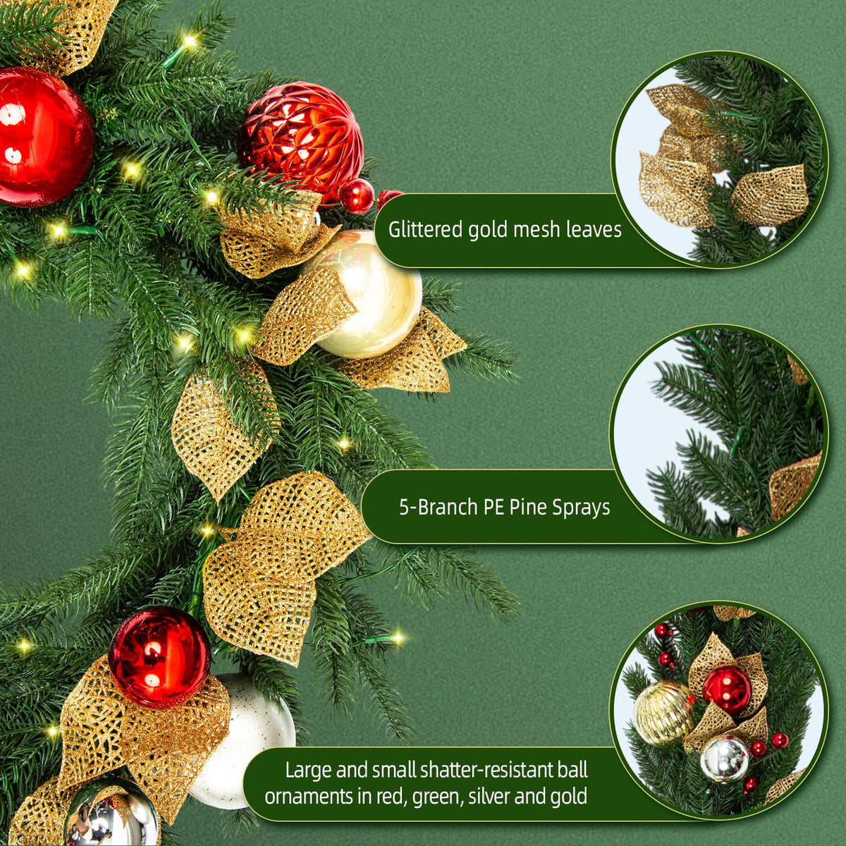 9 FT Pre-Lit Christmas Garland with 80 Warm White LED Lights and Timer, Battery Operated Artificial PE & PVC