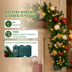 9 FT Pre-Lit Christmas Garland with 80 Warm White LED Lights and Timer, Battery Operated Artificial PE & PVC