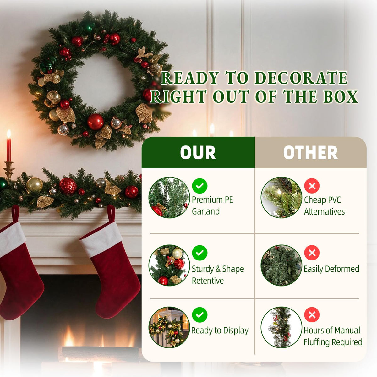 9 FT Pre-Lit Christmas Garland with 80 Warm White LED Lights and Timer, Battery Operated Artificial PE & PVC