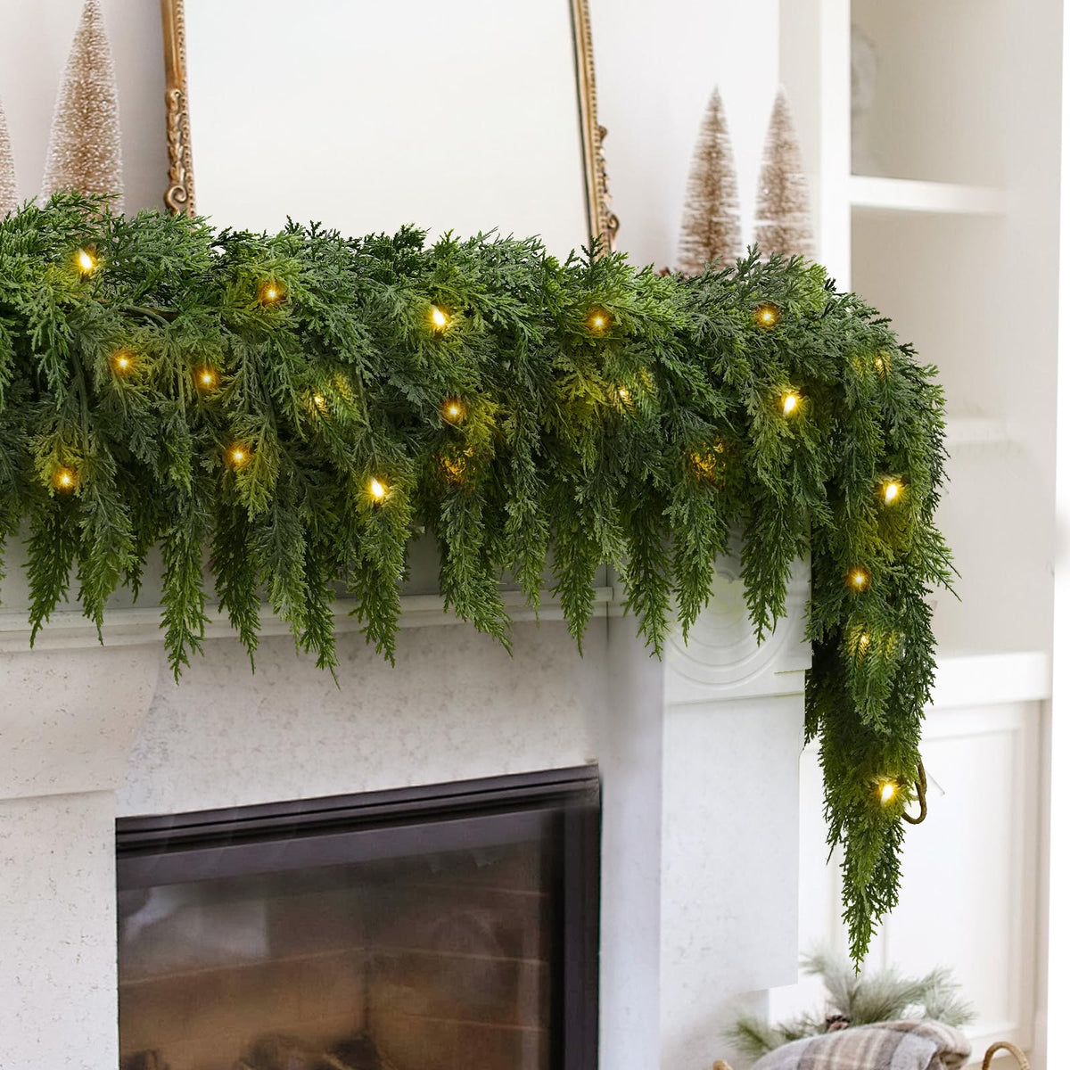 2Pcs 9FT Christmas Garland with Lights, Real Touch Cedar Garland Artificial Greenery Garland