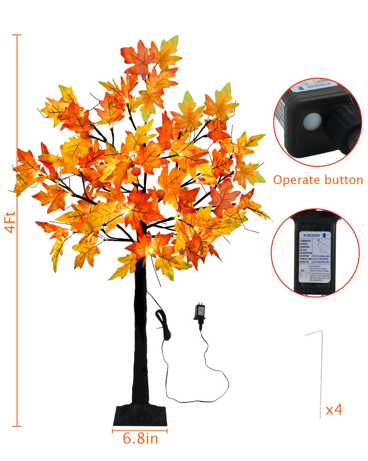 Fall Lighted Maple Trees with 48 LEDs Lights 12 Pumpkins Fake Fall Light Up Tree Artificial Autumn Maple