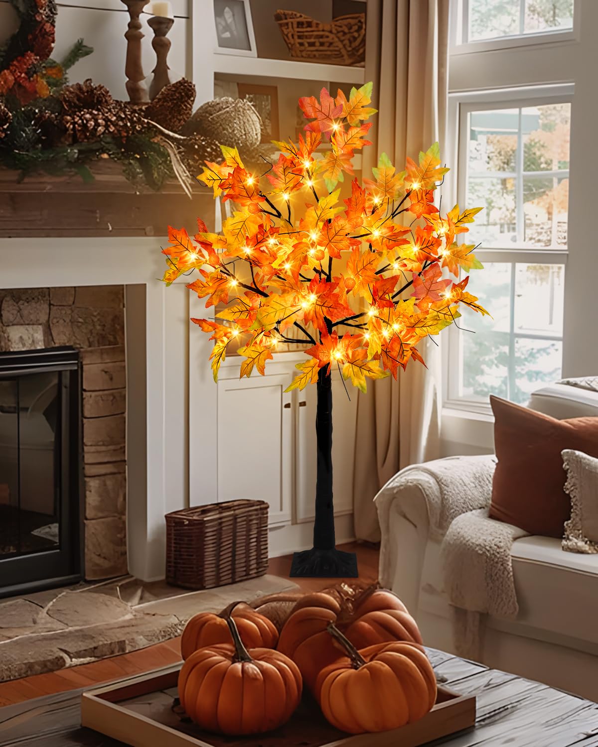 Fall Lighted Maple Trees with 48 LEDs Lights 12 Pumpkins Fake Fall Light Up Tree Artificial Autumn Maple