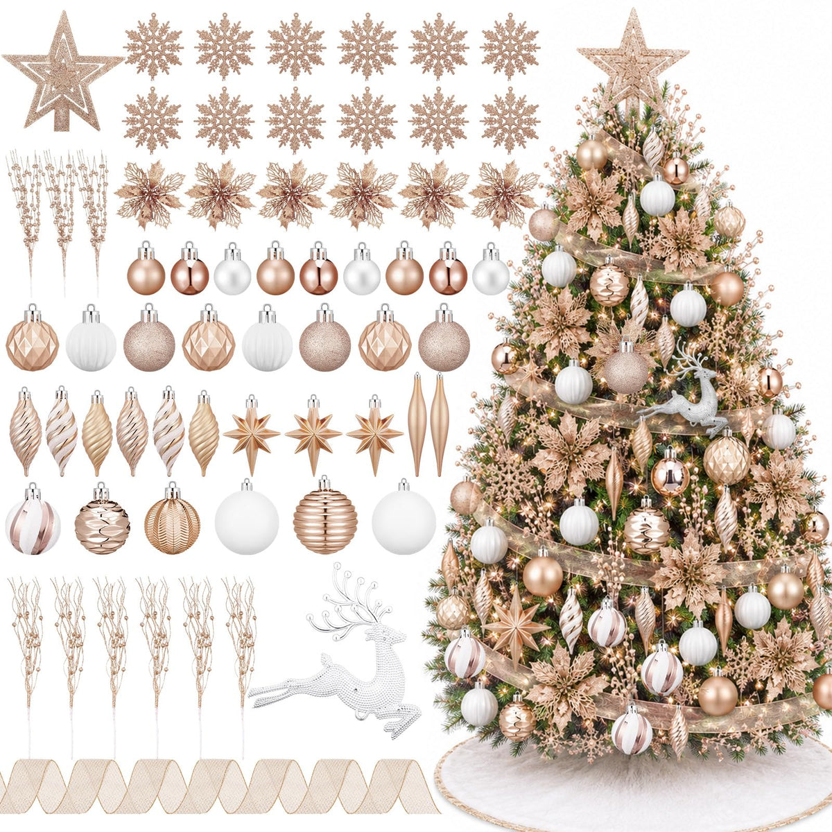CroBlissful 118 Pcs Christmas Tree Ornaments  , Berries Stems for Xmas Trees Holiday Decor(Gold)