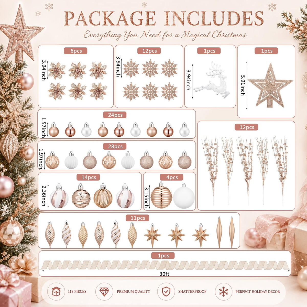 CroBlissful 118 Pcs Christmas Tree Ornaments  , Berries Stems for Xmas Trees Holiday Decor(Gold)