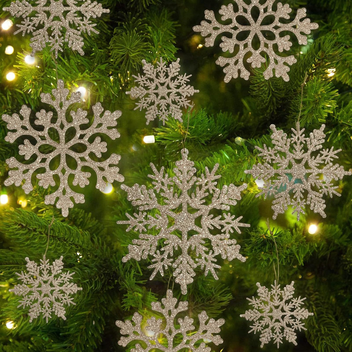 Glitter Snowflake Ornaments for Christmas Tree Decorations  gold, plastic, craft, various sizes, shatterproof, for indoor winter wonderland, Christmas party decoration