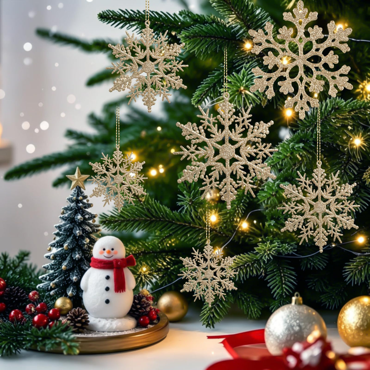 Glitter Snowflake Ornaments for Christmas Tree Decorations  gold, plastic, craft, various sizes, shatterproof, for indoor winter wonderland, Christmas party decoration
