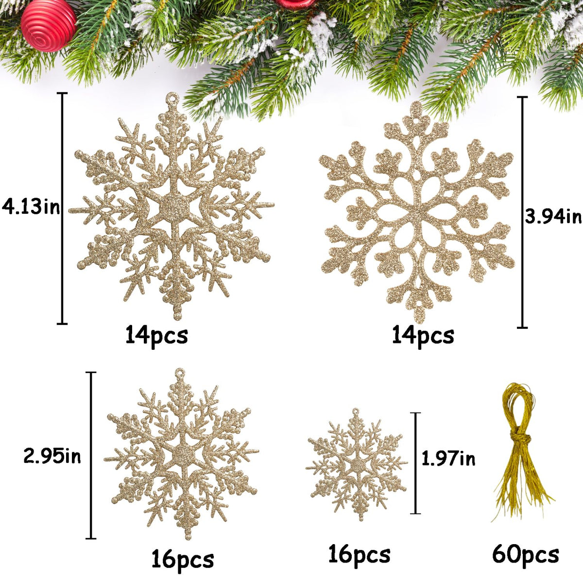 Glitter Snowflake Ornaments for Christmas Tree Decorations  gold, plastic, craft, various sizes, shatterproof, for indoor winter wonderland, Christmas party decoration