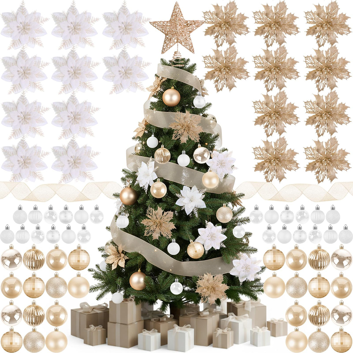 Skylety 104 Pcs Christmas Tree Decorations Set, Red and Gold