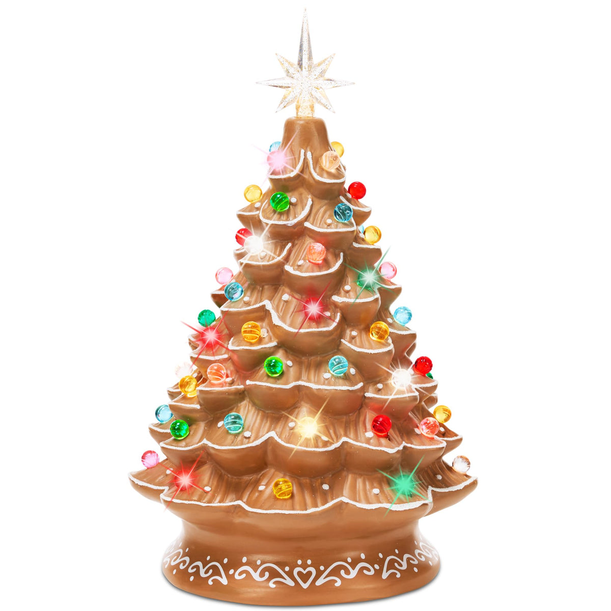 15in Ceramic Christmas Tree, Pre-lit Hand-Painted Tabletop Holiday Tree, Star Topper, 64 Lights