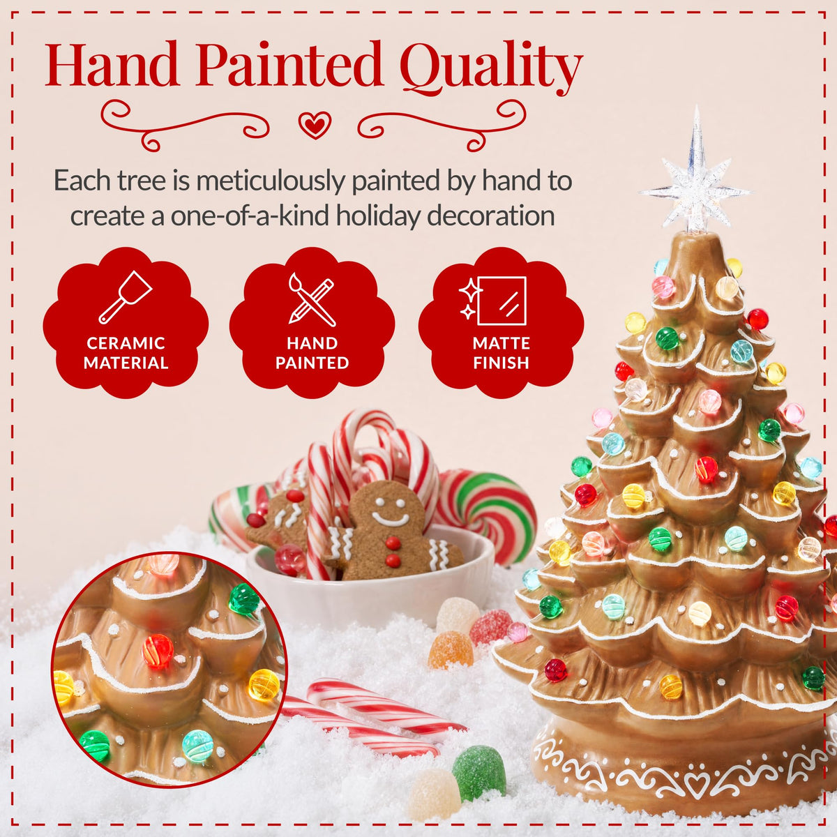 15in Ceramic Christmas Tree, Pre-lit Hand-Painted Tabletop Holiday Tree, Star Topper, 64 Lights