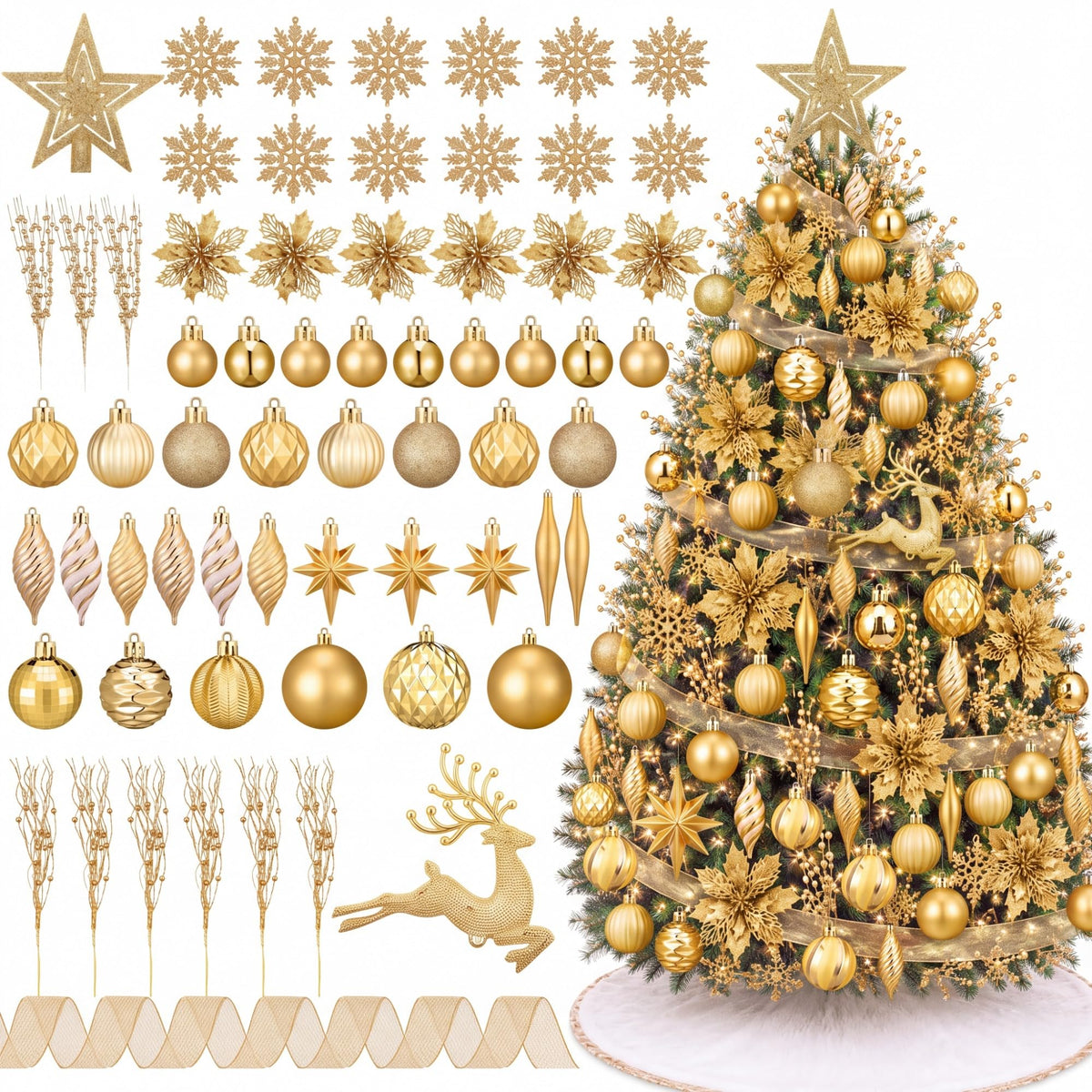 CroBlissful 118 Pcs Christmas Tree Ornaments  , Berries Stems for Xmas Trees Holiday Decor(Gold)
