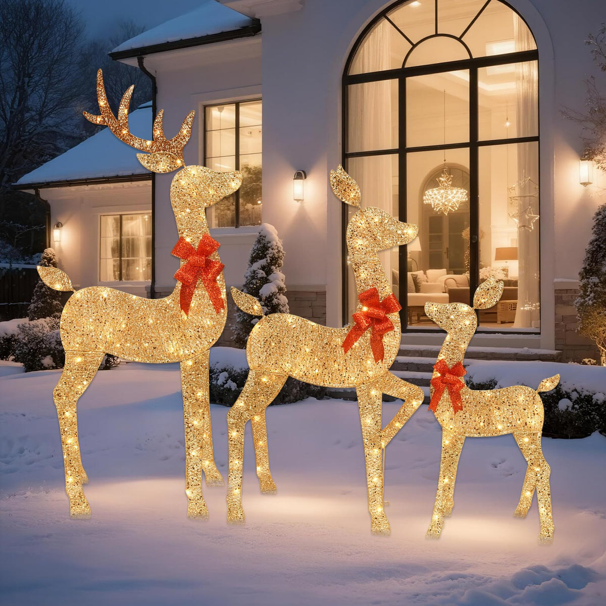 3-Piece 2D Lighted Christmas Deer Family Set - Large Outdoor Yard Reindeer Holiday