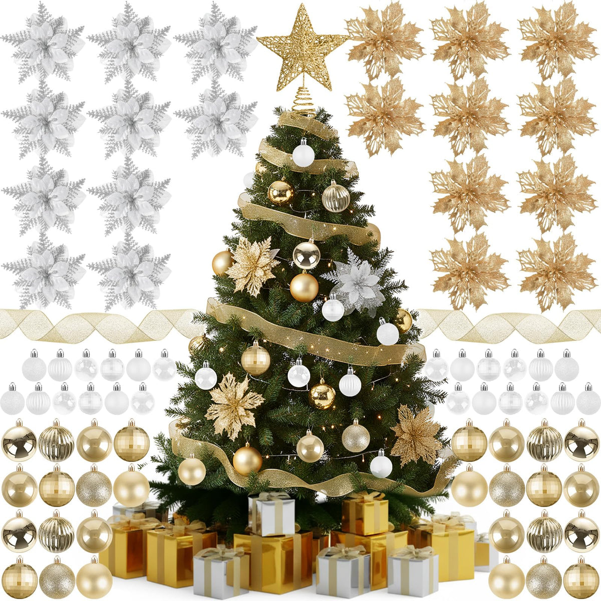 Skylety 104 Pcs Christmas Tree Decorations Set, Red and Gold