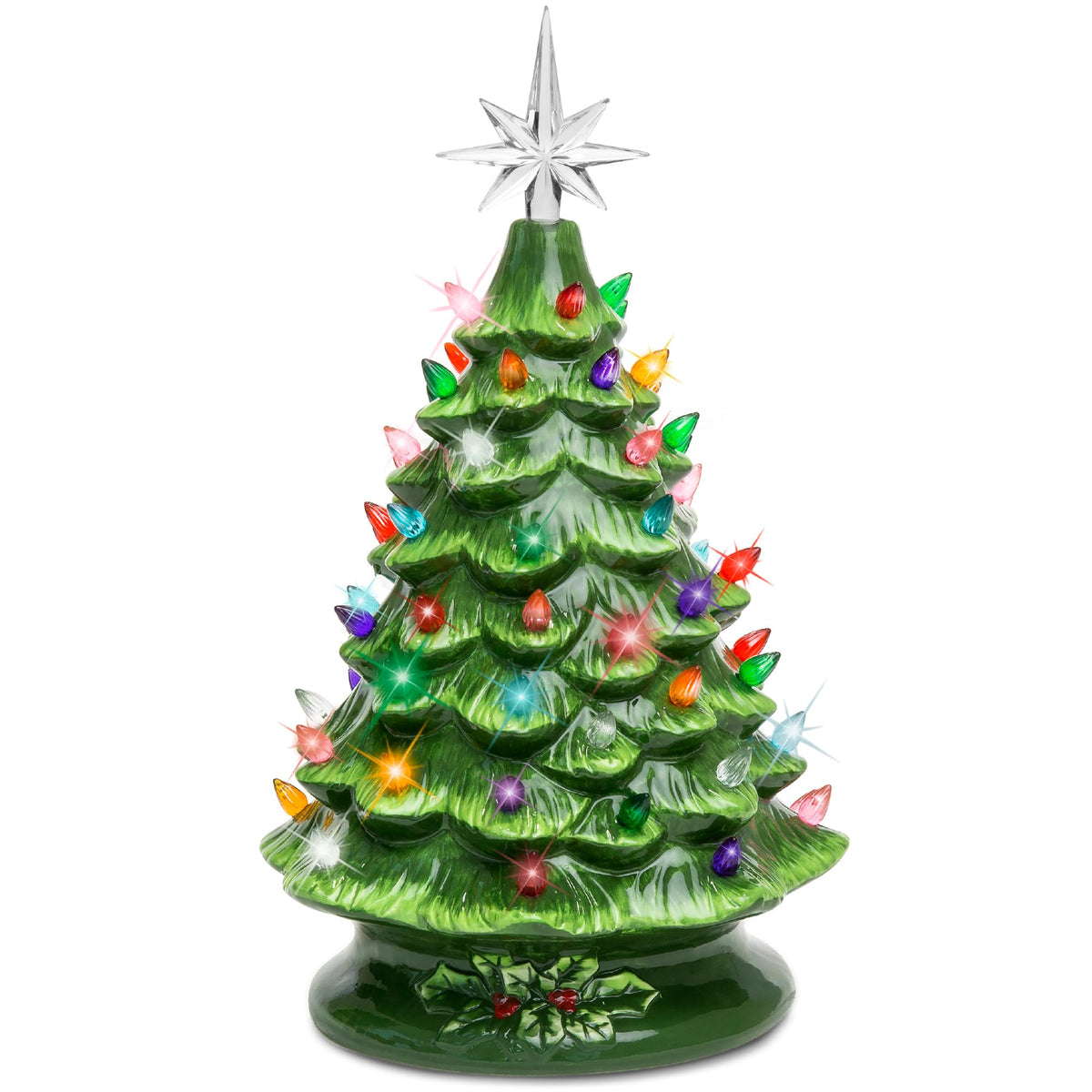 15in Ceramic Christmas Tree, Pre-lit Hand-Painted Tabletop Holiday Tree, Star Topper, 64 Lights