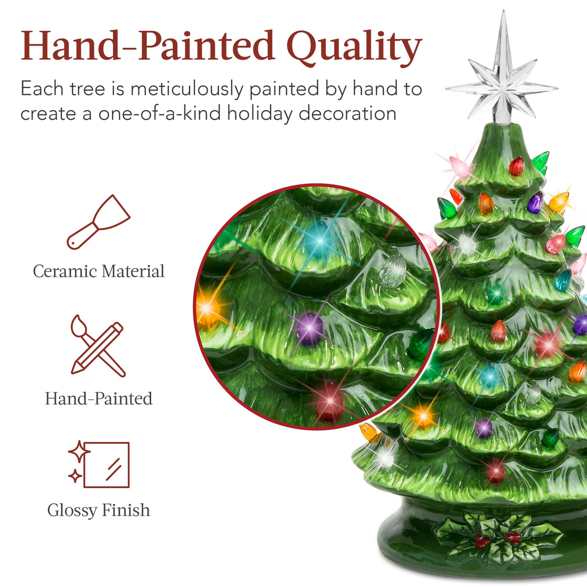 15in Ceramic Christmas Tree, Pre-lit Hand-Painted Tabletop Holiday Tree, Star Topper, 64 Lights