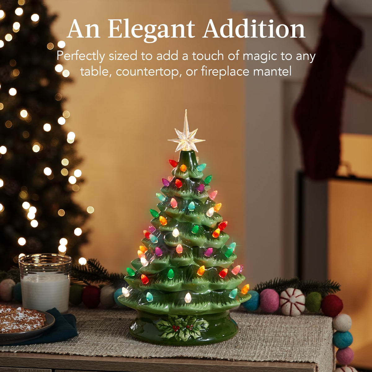 15in Ceramic Christmas Tree, Pre-lit Hand-Painted Tabletop Holiday Tree, Star Topper, 64 Lights