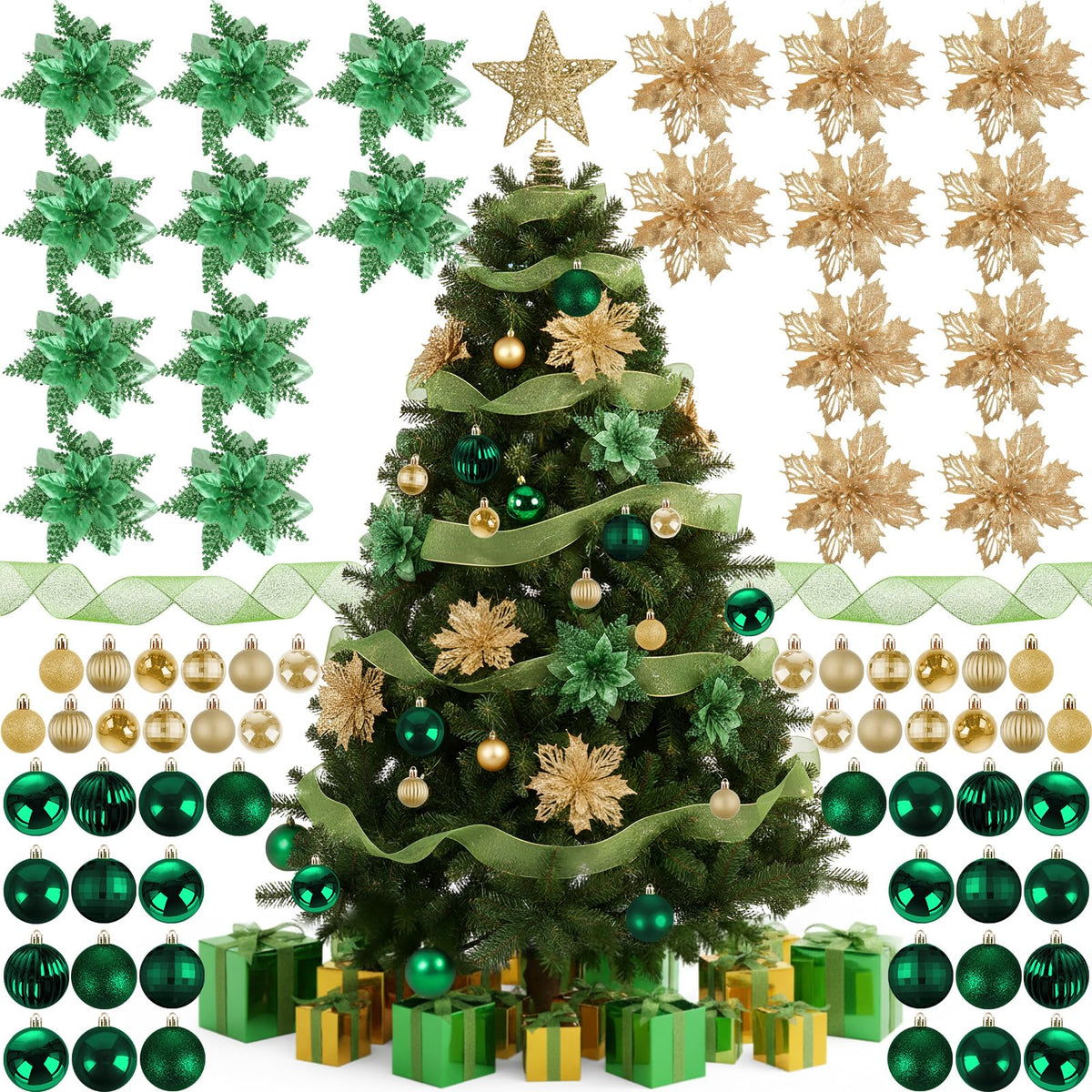 Skylety 104 Pcs Christmas Tree Decorations Set, Red and Gold