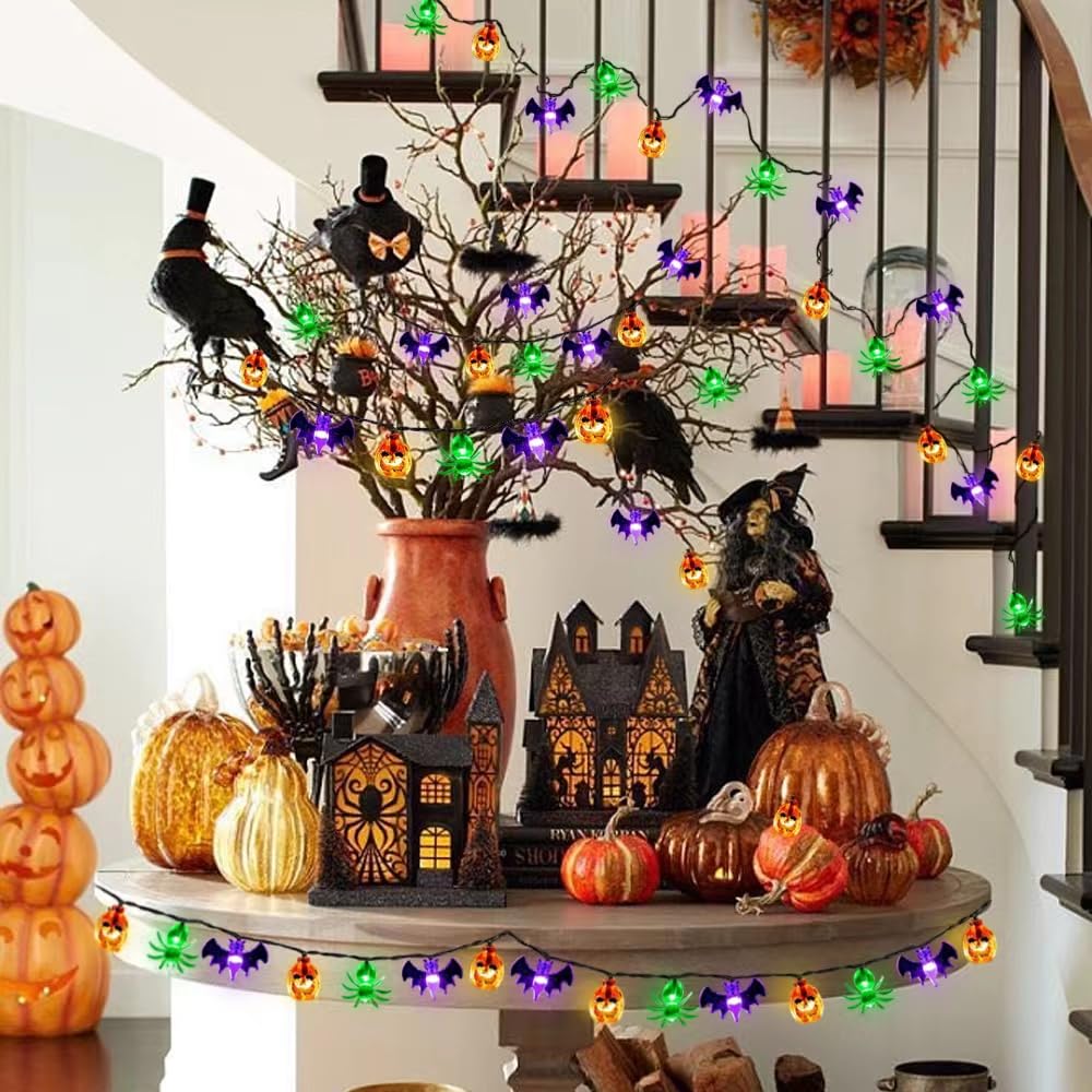 Halloween String Lights with USB-Powered Decoration Featuring Mummies, Ghosts, Spiders,Witch, Skeletons, Witches, Black Cats-Cute Indoor Party Ornaments for Festive Decoration.