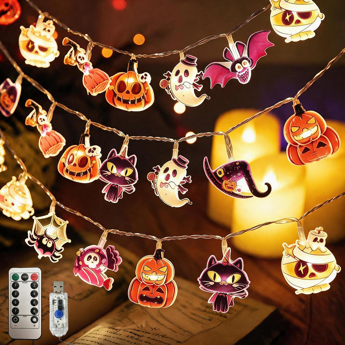Halloween String Lights with USB-Powered Decoration Featuring Mummies, Ghosts, Spiders,Witch, Skeletons, Witches, Black Cats-Cute Indoor Party Ornaments for Festive Decoration.