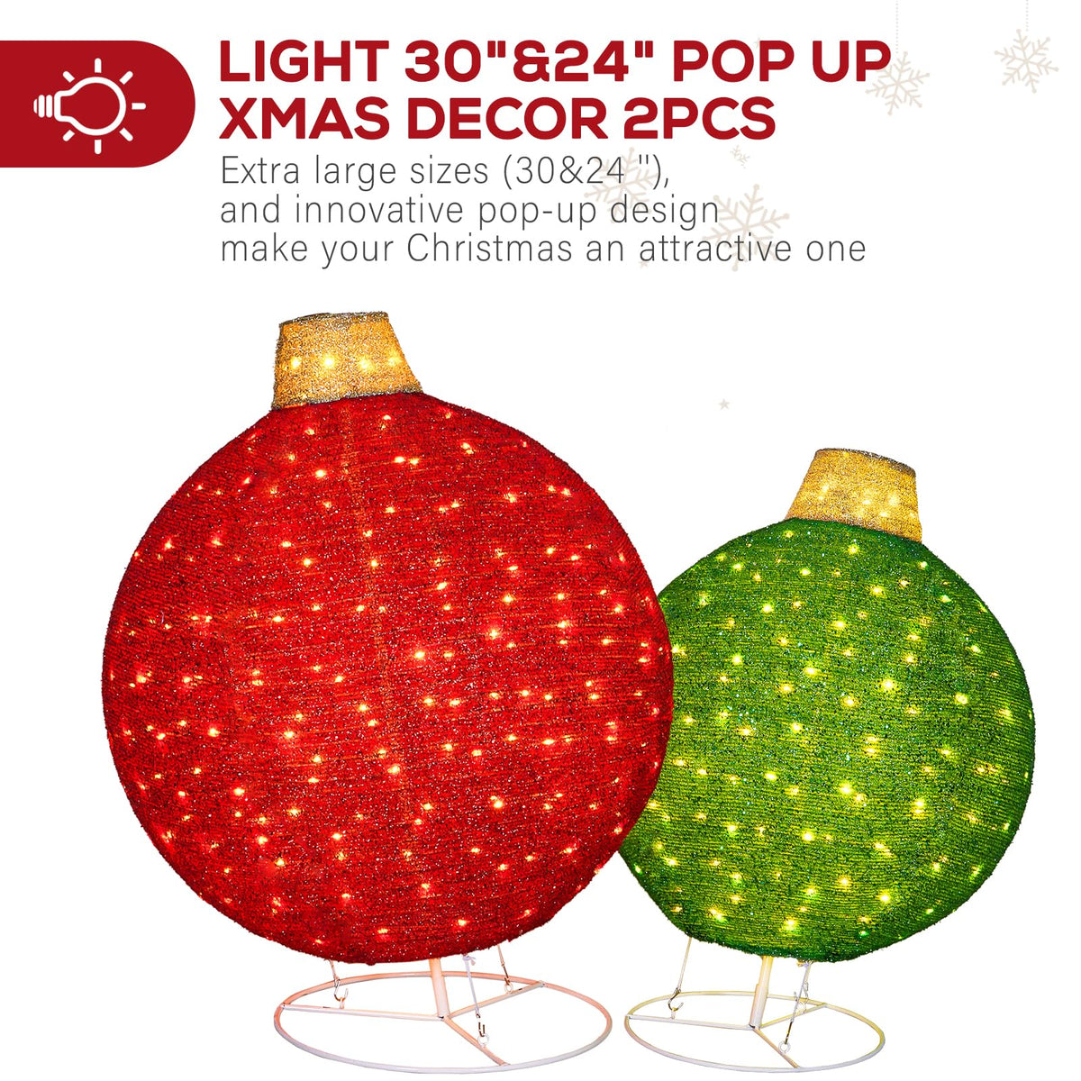2 Pack 30" & 24" Pop-Up Iron Christmas Ornament Set, 230 Warm White LEDs with UL Transformer, 8 Light Functions & 18H Timer